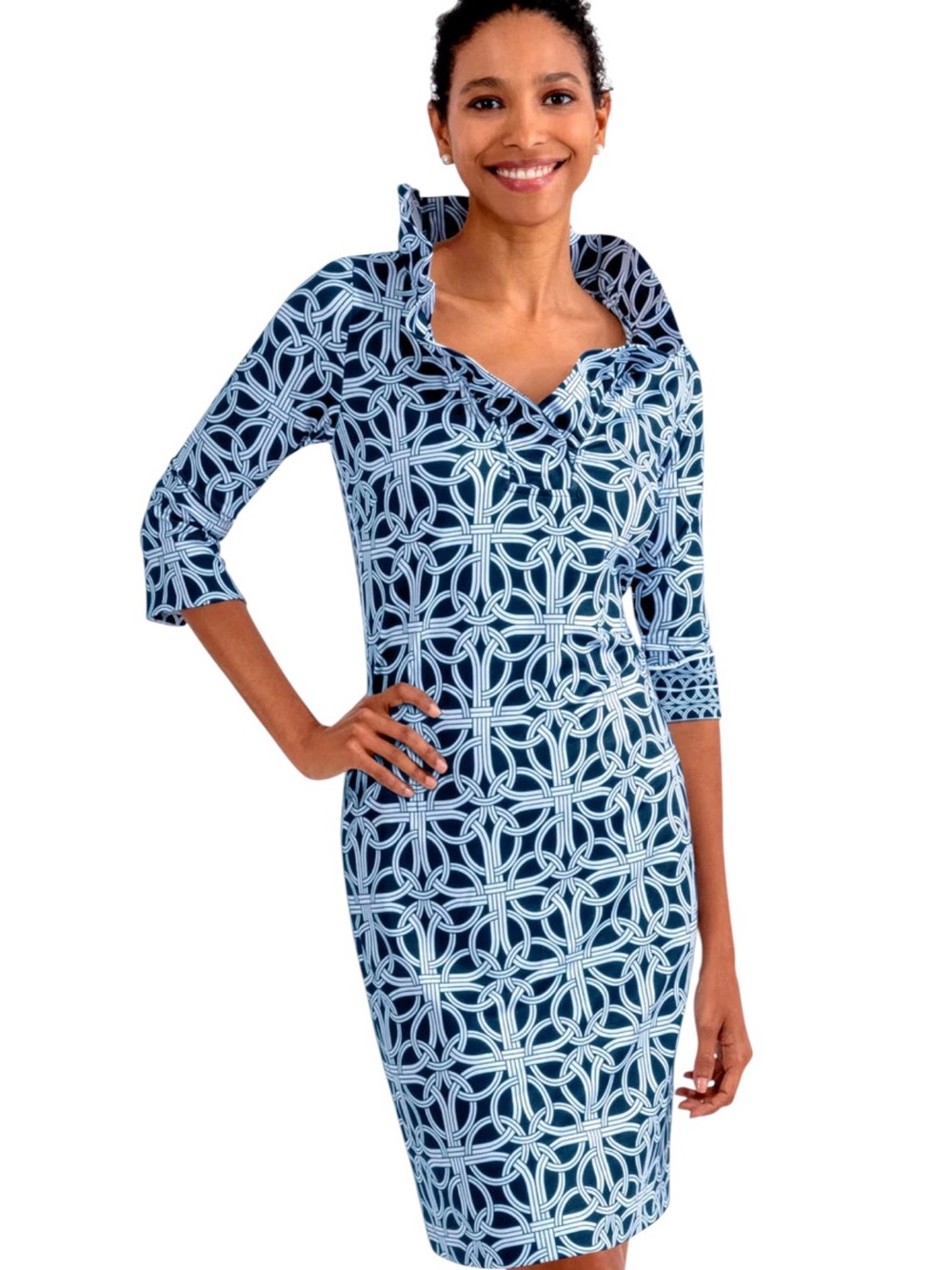 Gretchen Scott Ruff Neck 3/4 Sleeve Sheath Dress Pink Turquoise Print Sz Small - Picture 8 of 12
